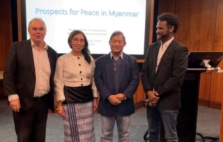Professor John Phllimore, Dr Tun Aung Shwe with Dr Yirga Gelaw Woldeyes at the John Curtin Institute of Public Policy presentation on Monday 22 May